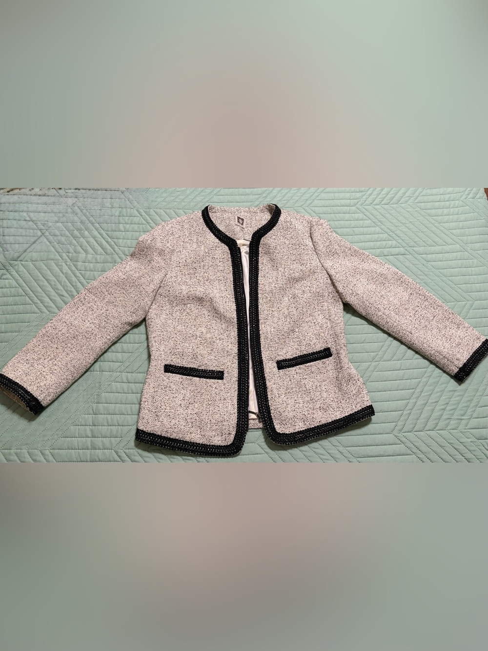 Anne Klein Cream Tweed Jacket with Black Trim